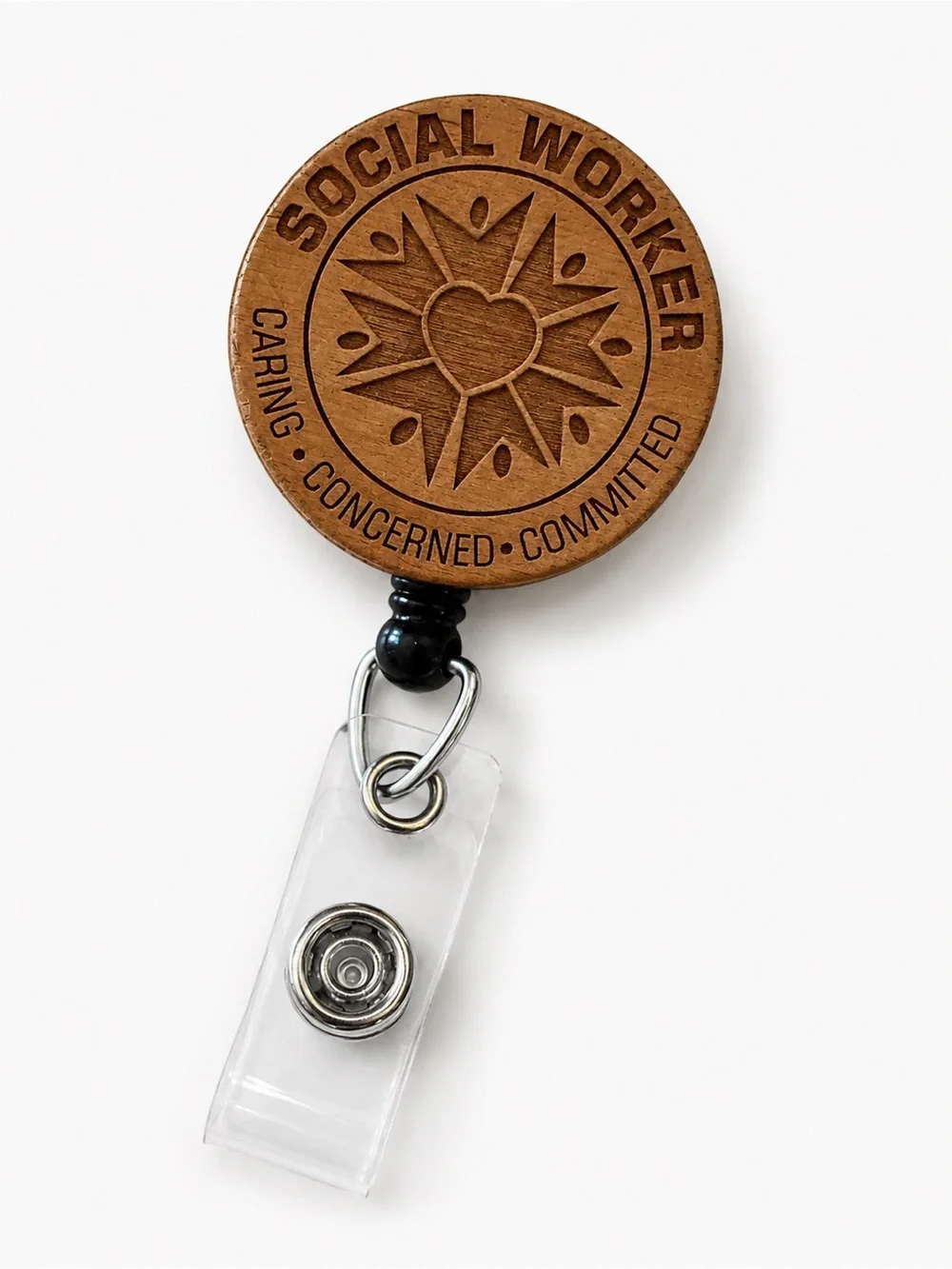 Social Worker Wooden Badge Reel - Caring Concerned Committed